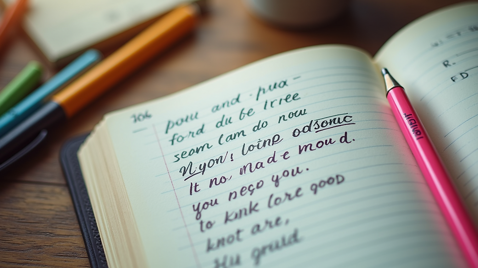 High angle view of a notebook with motivational quotes and colorful pens