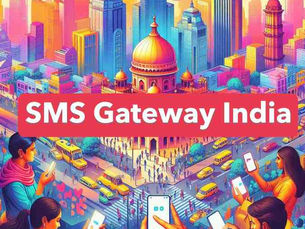 Artistic Background Image of India Society with heading on bold white in Red backgroud the text "SMS Gateway India"