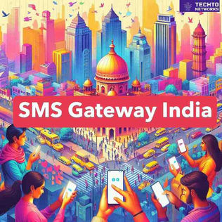 Artistic Background Image of India Society with heading on bold white in Red backgroud the text "SMS Gateway India"