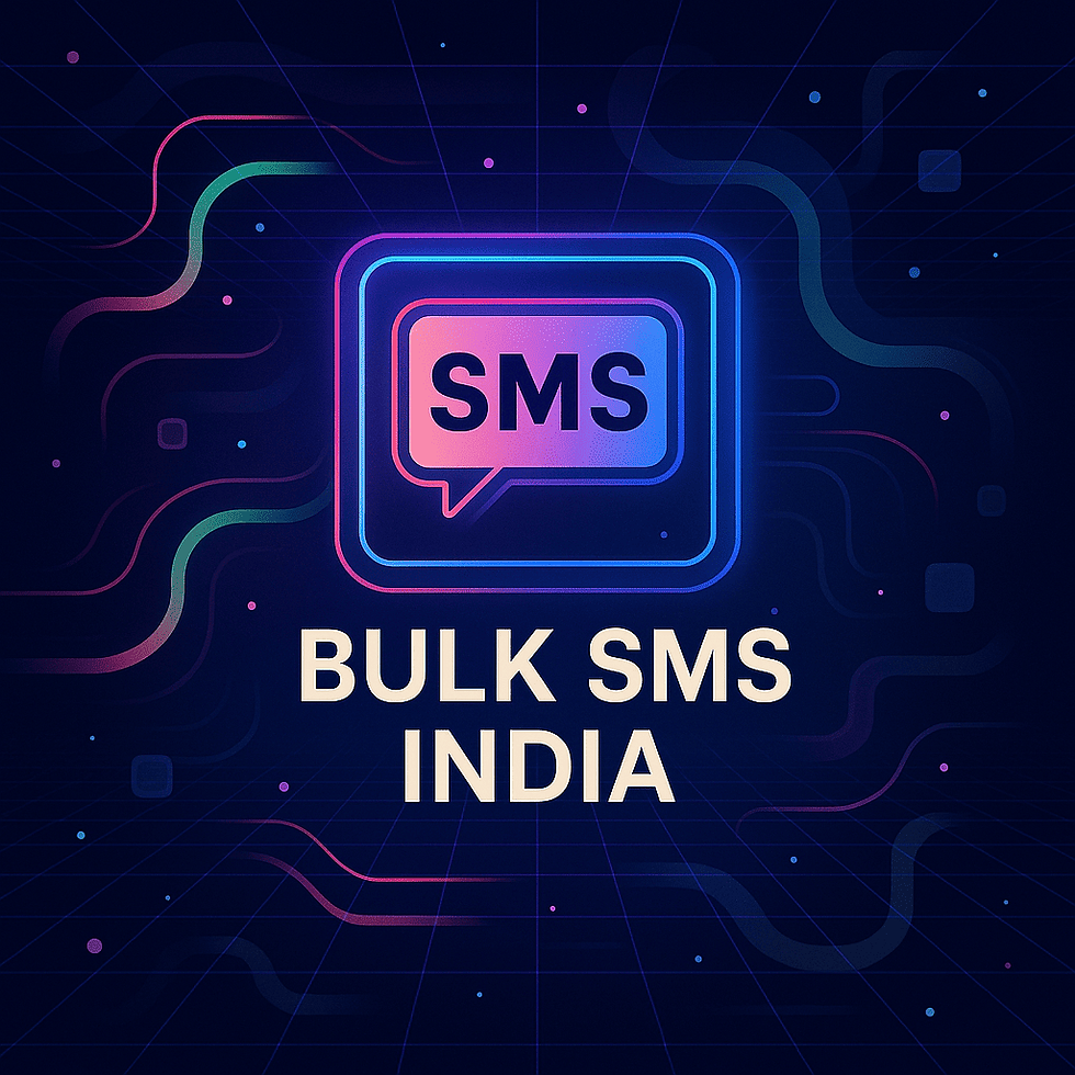 Neon "SMS" speech bubble on dark grid background with colorful lines. Text reads: "BULK SMS INDIA." Futuristic and vibrant design.