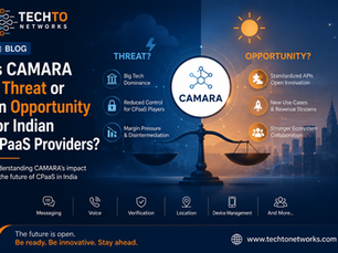 TechTo Networks blog graphic asking if CAMARA is a threat or opportunity for Indian CPaaS providers, with balance scale and skyline.