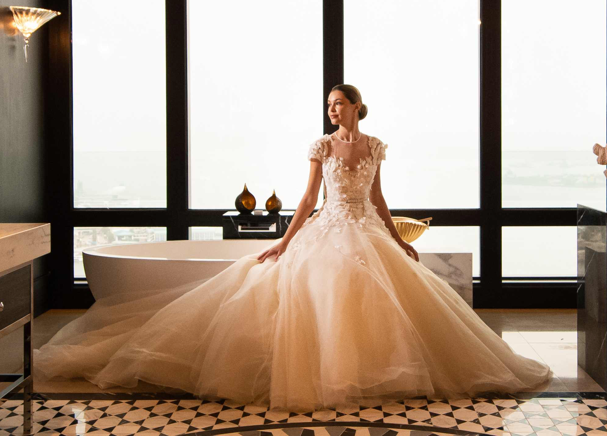 Embroidered cap sleeves ballgown