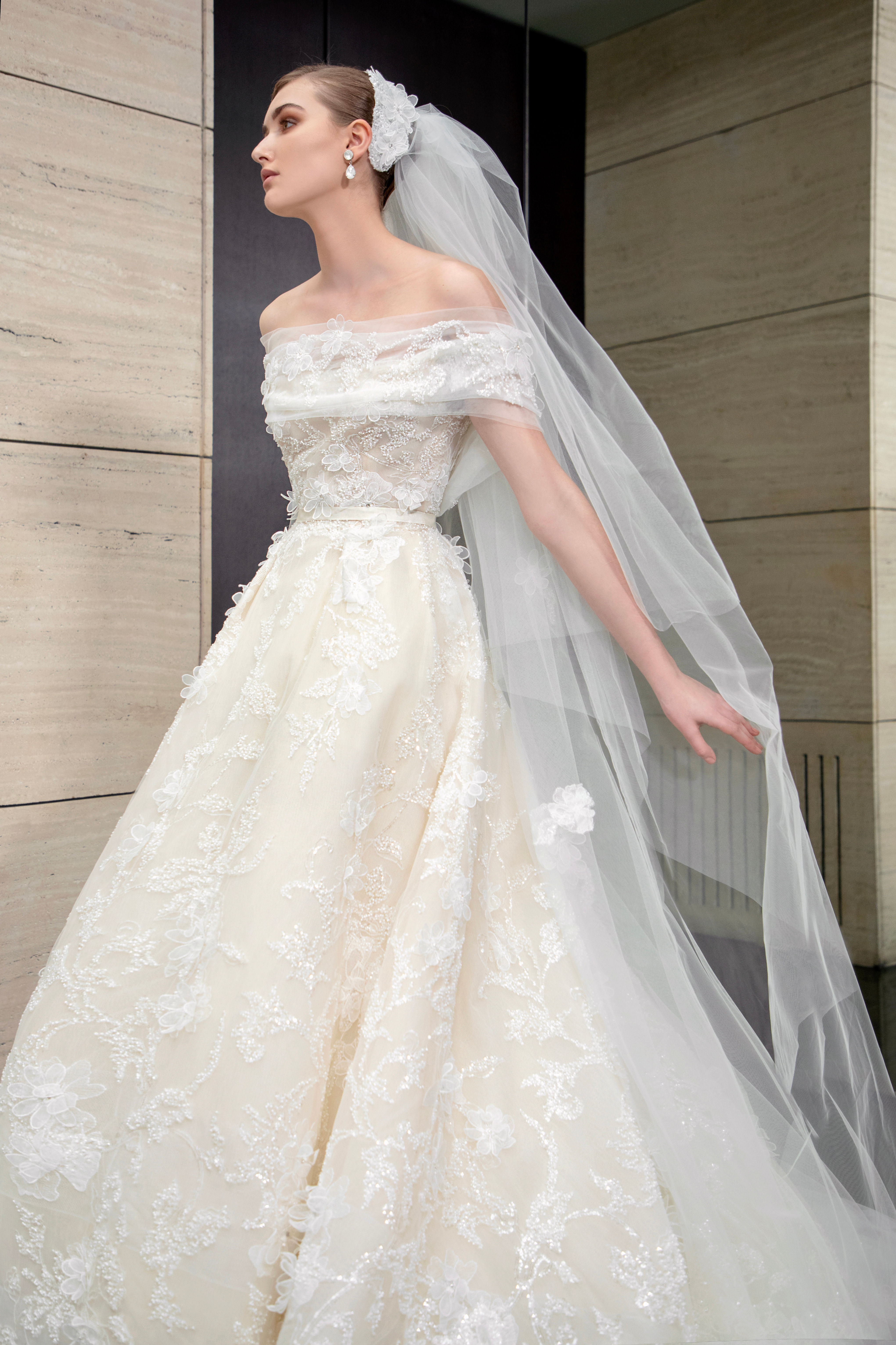 Fully floral embriodered off shoulder tulle gown w/veil