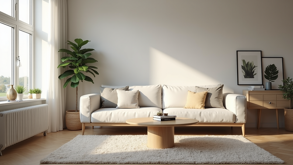 Wide angle view of a clean and organized living room