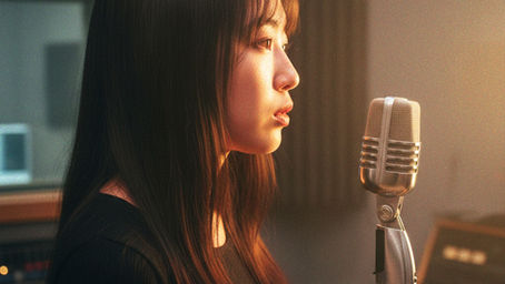 Mulher cantando em microfone Vintage no estúdio.