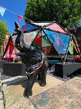 Geodesic dome with colourful PVC panels
