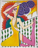Goddess in a side yoga pose in gold headdress