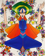 Front view of goddess sitting in lotus position surrounded by flowers