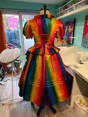 Back view of a rainbow prom dress