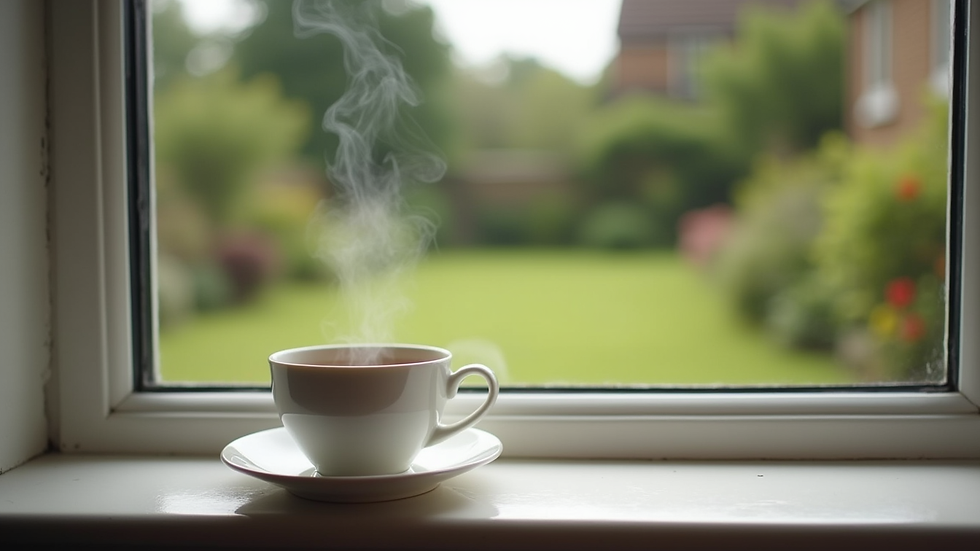 Close-up of a steaming cup of tea on a windowsill overlooking a UK garden