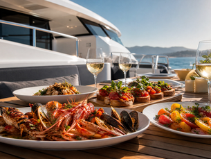 Mesa posta a bordo de uma lancha Solara com frutos do mar, salada e bebidas ao pôr do sol