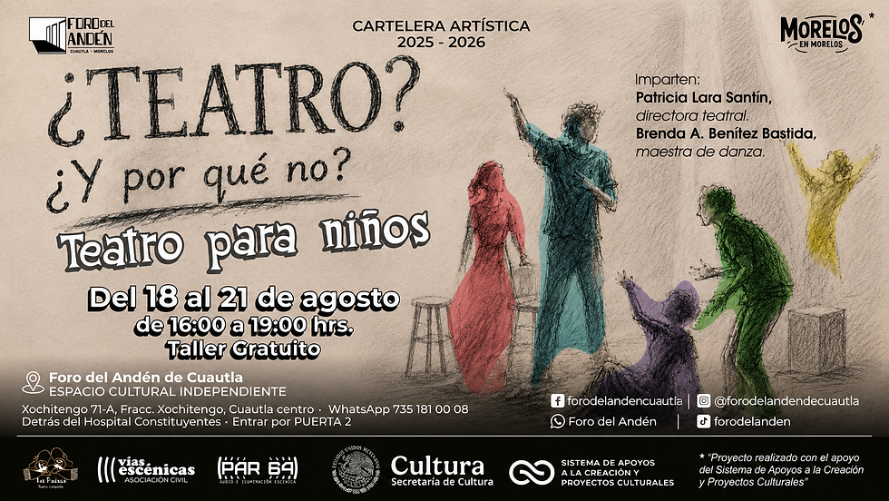 Cartel del Taller de Teatro para Niños del Foro del Andén. Actividad gratuita para niñas y niños a partir de 8 años, del 18 al 21 de agosto, de 16:00 a 19:00 horas, impartida por Patricia Lara Santín y Brenda Abigail Benítez Bastida.