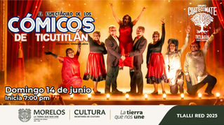 Cartel teatral de El Espectáculo de los Cómicos de Ticutitlán con elenco en escenario y ambientación de comedia y caos escénico.