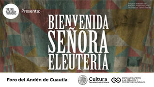 Cartel de la obra Bienvenida, señora Eleuteria con un baño público al centro y fondo geométrico colorido, presentada en el Foro del Andén.