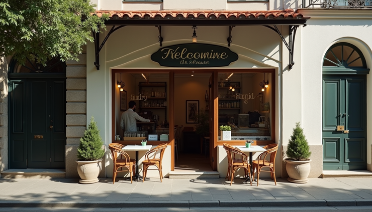 Eye-level view of a small shop storefront with welcoming signage and outdoor seating