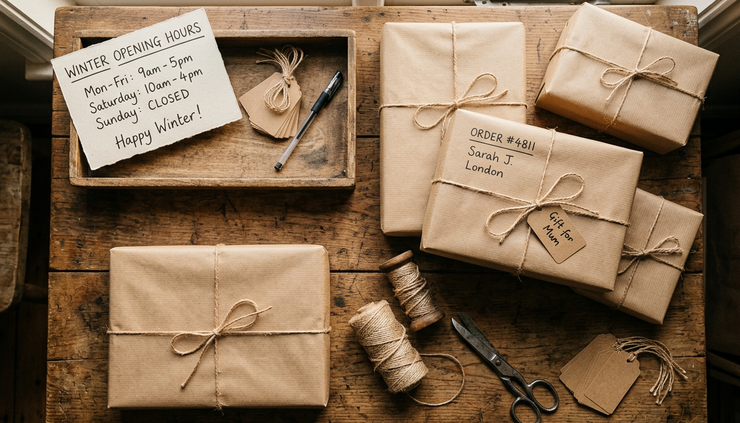 Overhead view of handwritten winter opening hours beside packaged customer orders