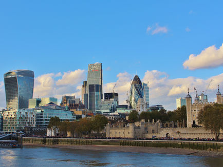 The City of London financial district skyline during a period of rising unemployment and inflation