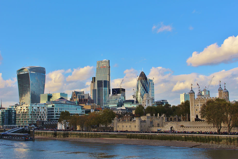 The City of London financial district skyline during a period of rising unemployment and inflation