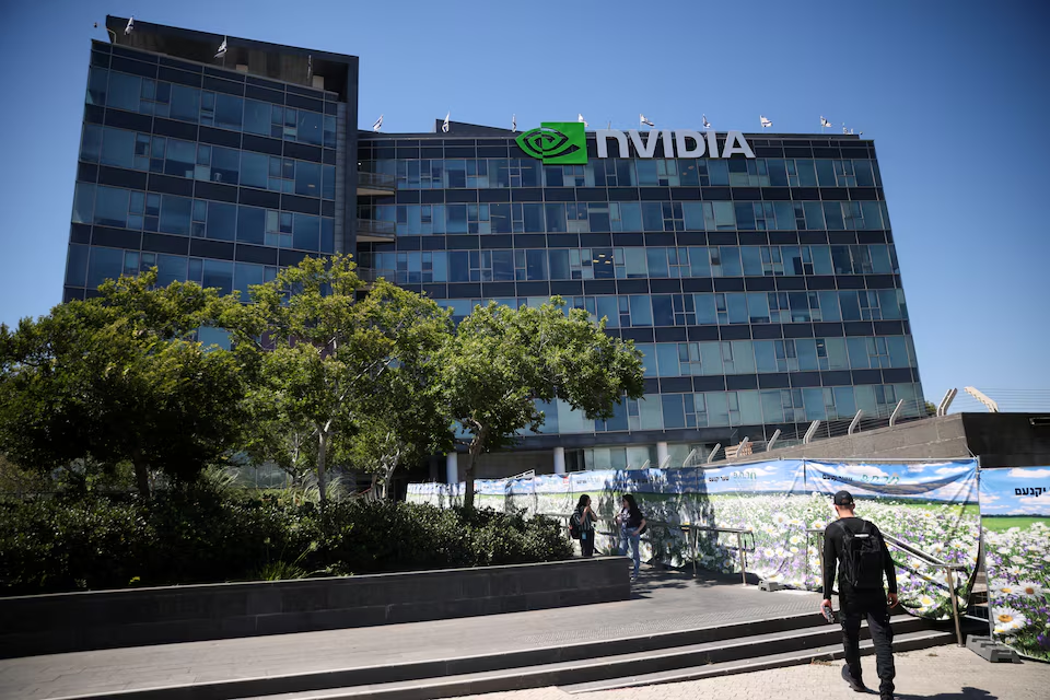 A NVIDIA logo is pictured on its facility at the High-tech park at Yokne'am, in northern Israel July 9, 2025. REUTERS/Shir Torem