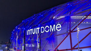 The Intuit Dome facade in Inglewood, where Unrivaled will play its first Los Angeles games