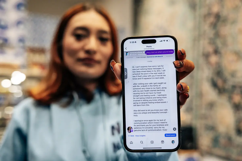 Rupsi Shrestha, owner of No Nazar Cafe, said Sultana agreed in a message to post about her cafe, then ghosted her when she followed up after hosting her and a friend. EMMY PARK