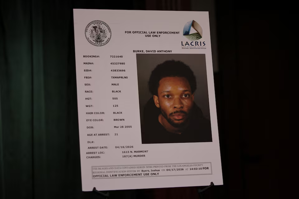 A picture of musician David Anthony Burke, known professionally as d4vd, is displayed during a press conference, in Los Angeles, California, U.S., April 20, 2026. REUTERS/Daniel Cole