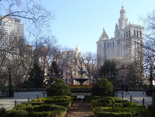 New York City Hall and the Manhattan Municipal Building viewed from City Hall Park