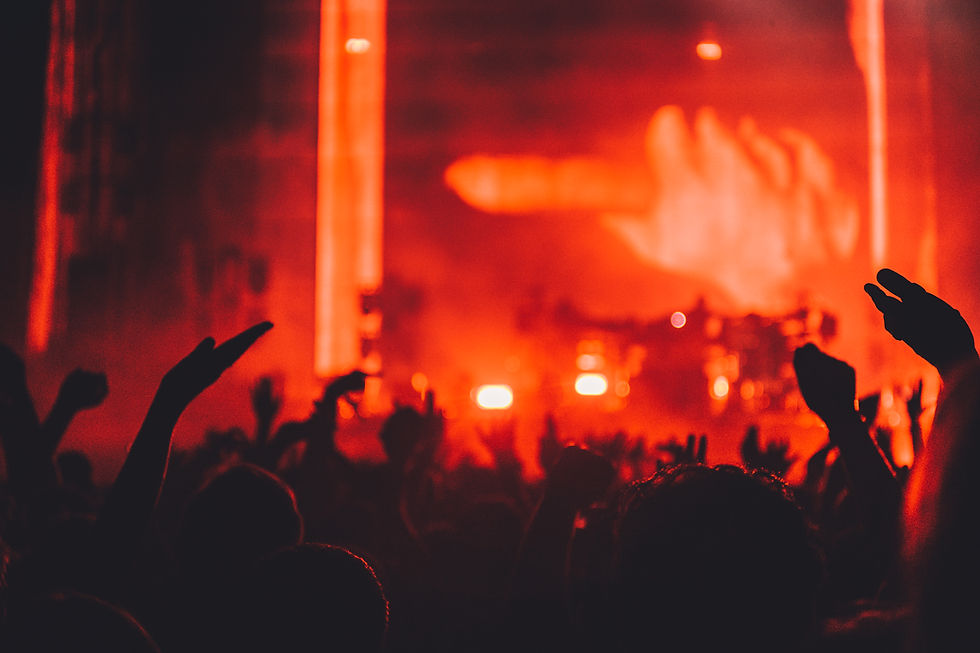 Silhouettes of concertgoers raising their hands toward a red-lit stage while waiting for an encore