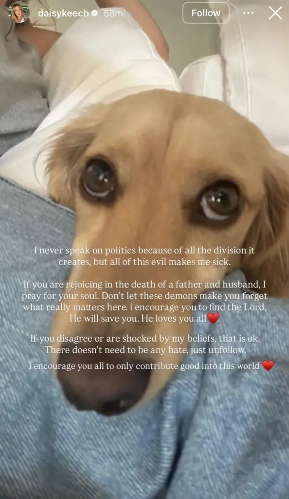 Yerger posted a response only re-emphasizing her original stance in the face of the hate. Instagram / Daisy Keech Yerger