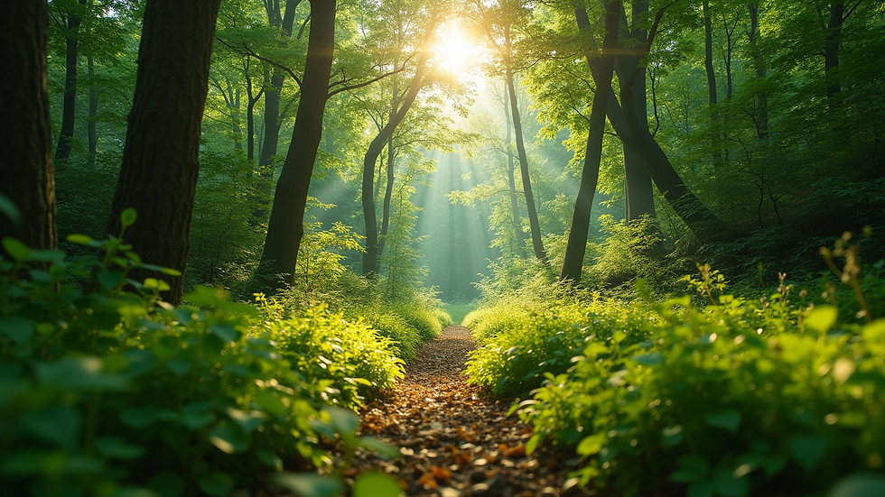 Eye-level view of a lush green forest with sunlight filtering through the trees