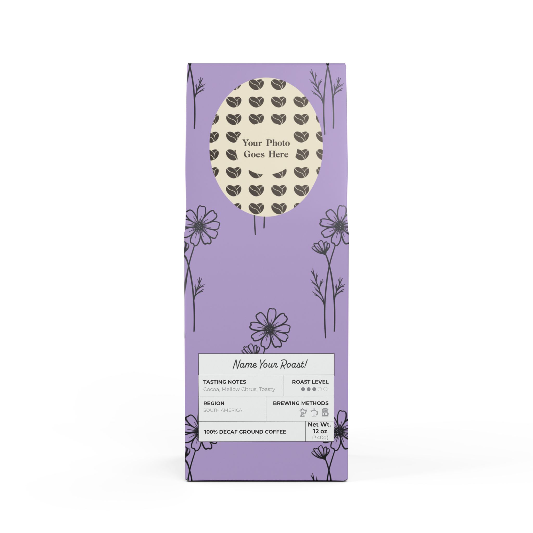 Front of October Bloom bag withing repeating cosmos flower design on a purple background and a spot for photo upload