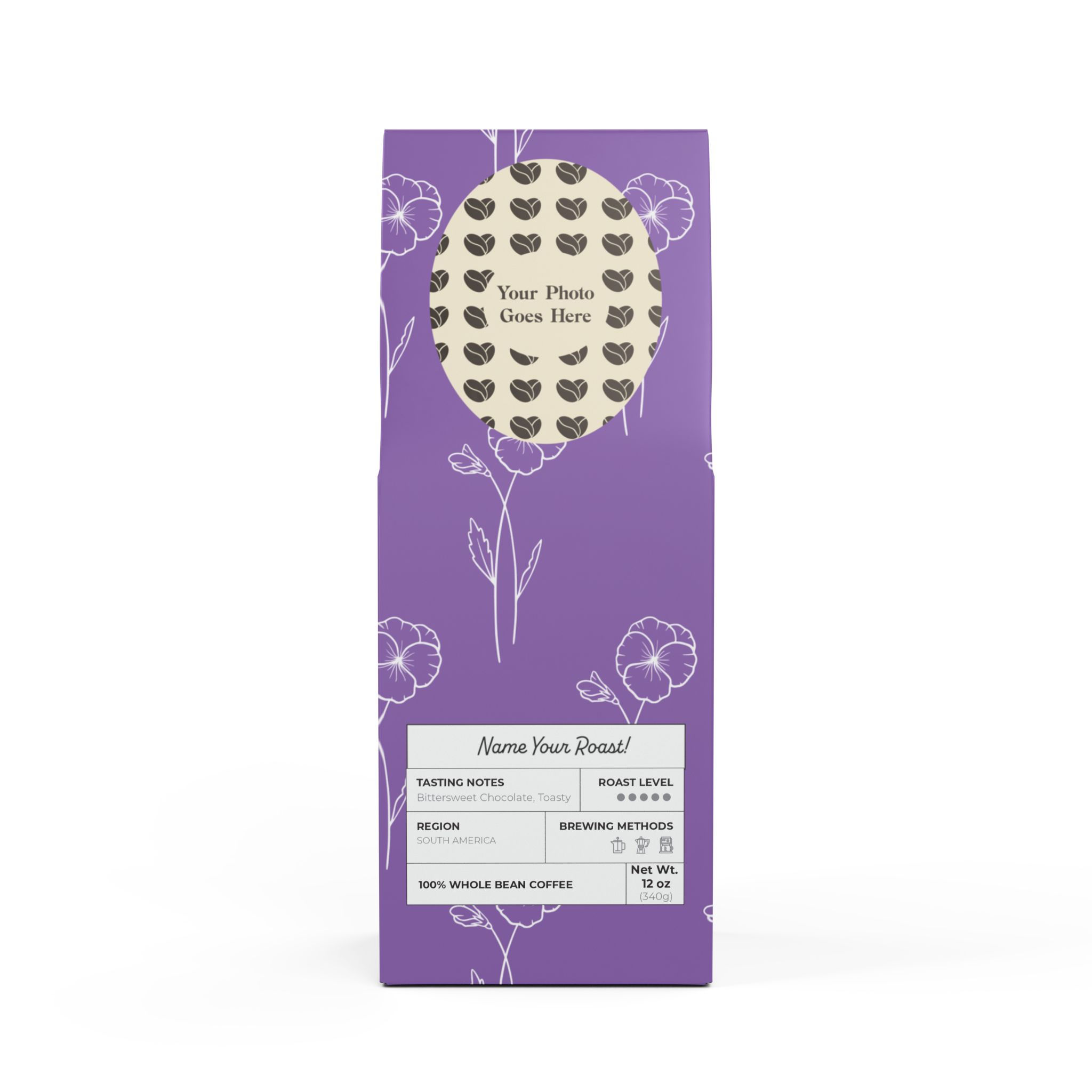 Front of February Bloom Coffee Bag featuring violets in a repeating pattern on a violet background.
