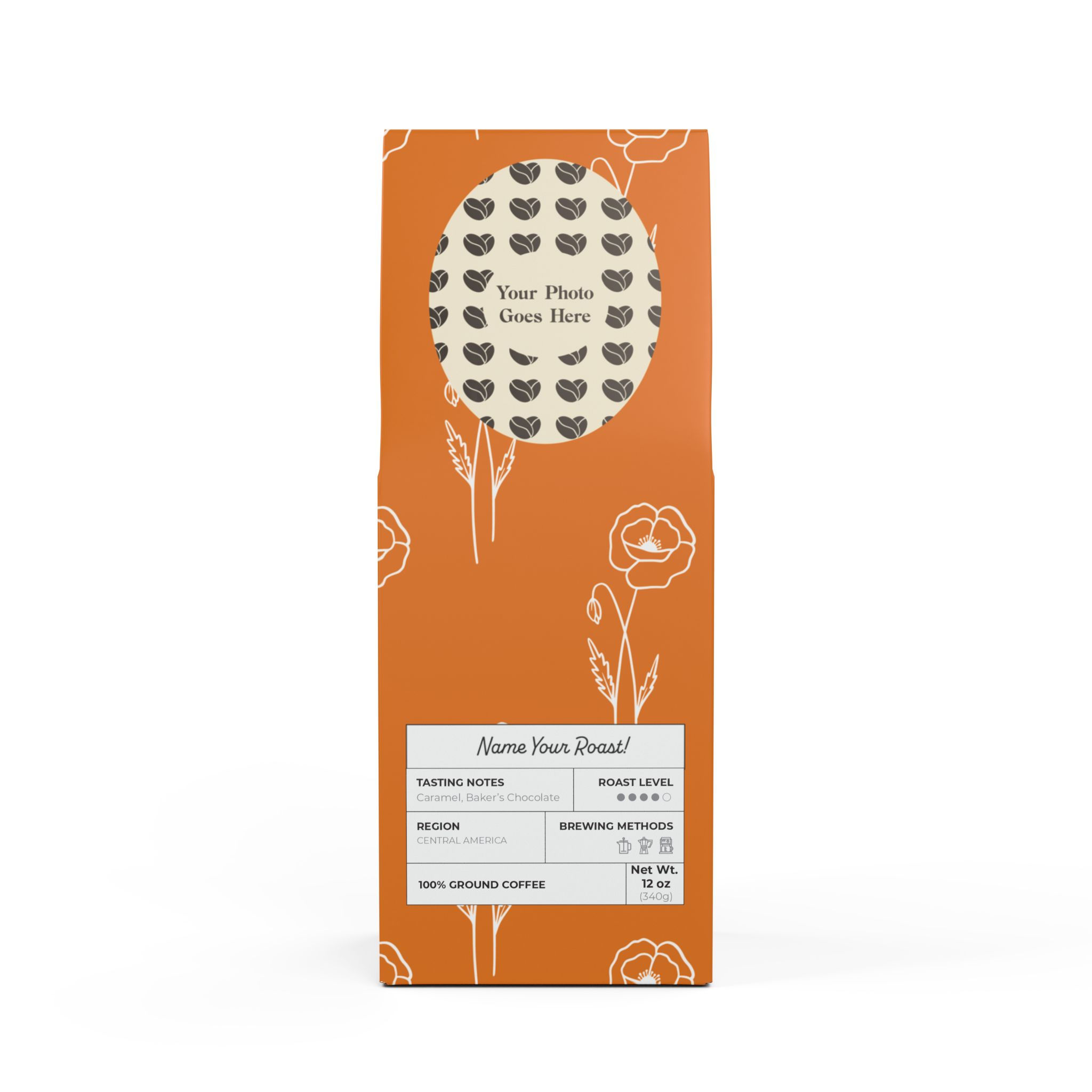 Front view of August bloom coffee bag featuring poppy design on orange background with area for photo upload