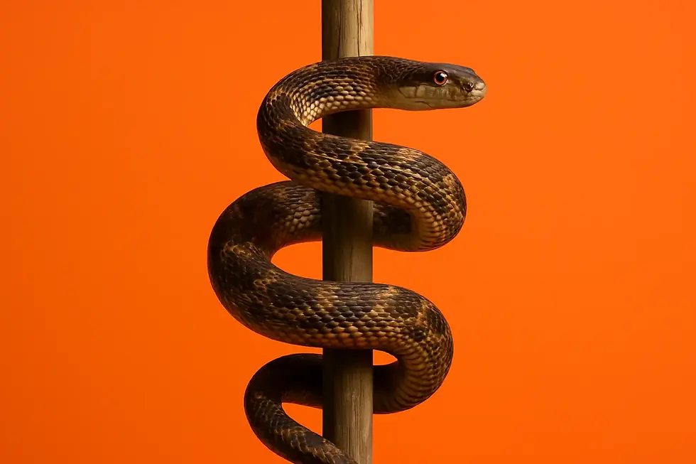 Bronze serpent coiled on a wooden pole against an orange backdrop—visualising ‘look and live’ from Numbers 21 and John 3.