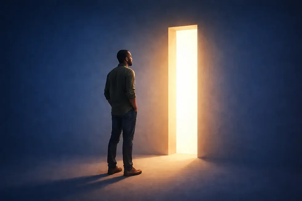 A person standing before a narrow doorway filled with light, symbolizing entering the straight gate.