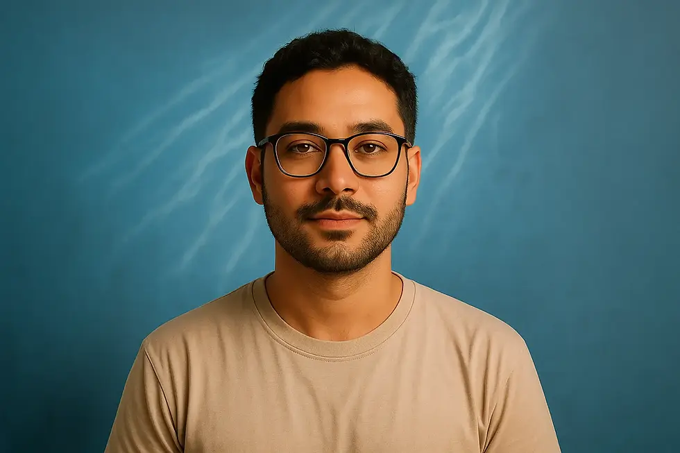 Young adult standing before a bold background with subtle water-light textures, symbolizing renewal and salvation through Christ