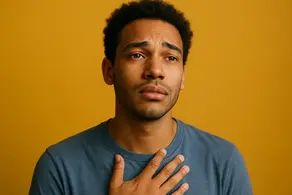 Young person reacting with quiet relief to the message that Jesus bore our sins on the cross