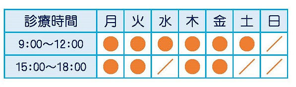 診療時間 午前:9:00~12:00 午後:15:00~18:00 休診日:水曜午後、土曜午後、日曜