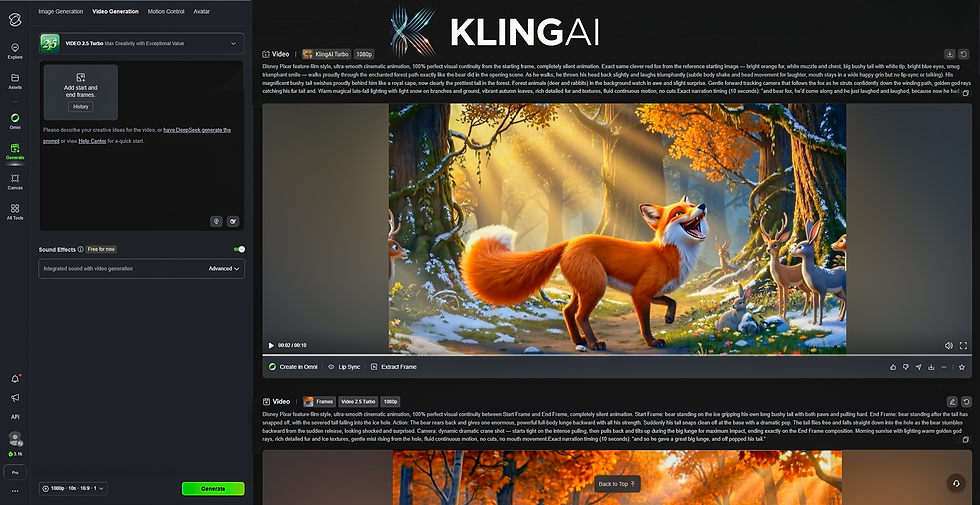 Fox struts in a sunlit forest, surrounded by deer, with vivid orange fur glowing in the golden rays. Text on screen and video controls visible.