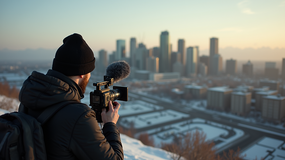 High angle view of a videographer filming a cityscape in Calgary