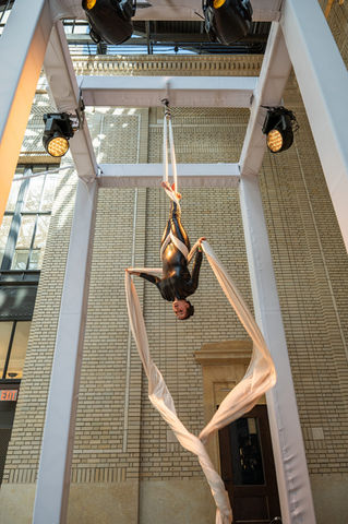 Michigan event entertainment aerialist performs on rigged silks
