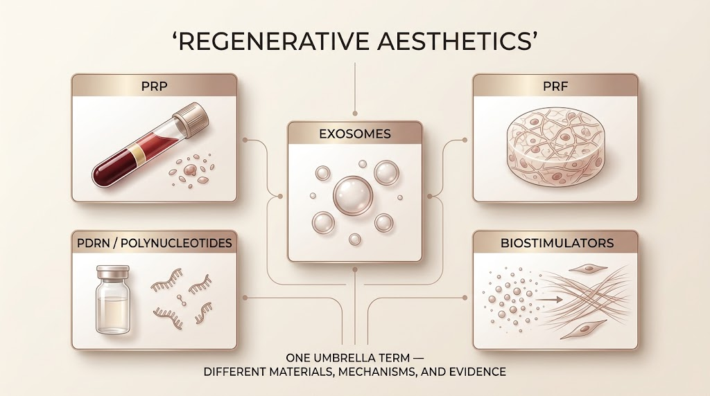 Educational illustration comparing PRP, PRF, PDRN or polynucleotides, exosomes, and biostimulators as distinct categories within regenerative aesthetics