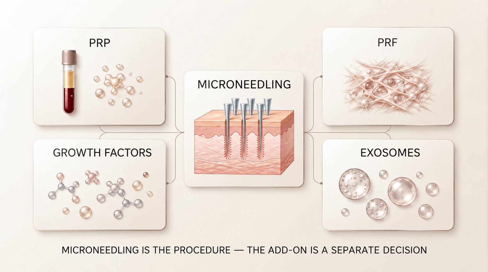 Educational illustration showing microneedling as the procedure and PRP, PRF, growth factors, and exosomes as distinct add-on categories