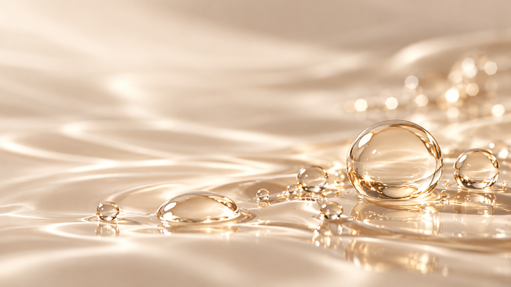 Abstract translucent golden serum droplets on a smooth, champagne-toned skincare surface