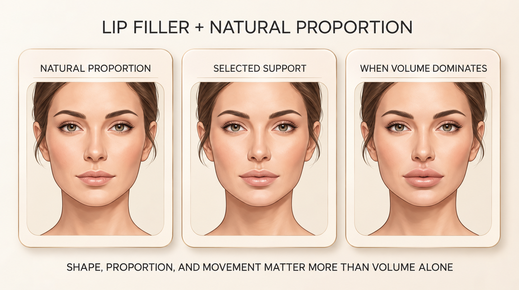 Illustration of natural lip proportion and conservative filler support