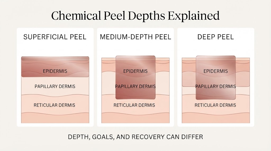 Educational illustration comparing superficial, medium-depth, and deep chemical peel penetration through the epidermis, papillary dermis, and reticular dermis