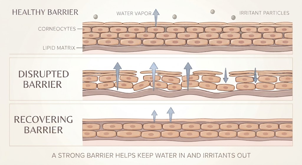 Educational illustration comparing healthy, disrupted, and recovering skin barriers with differences in water loss and irritant penetration