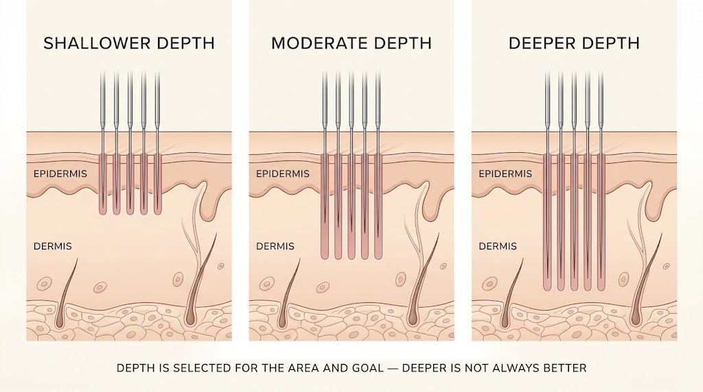 Educational illustration comparing shallower, moderate, and deeper microneedling penetration while emphasizing that depth is selected for the treatment area and goal