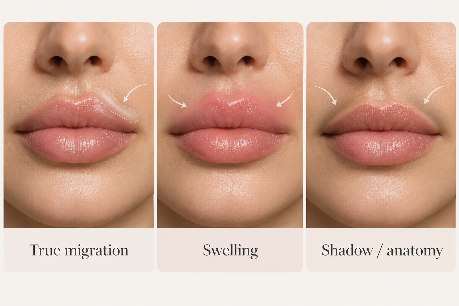 Comparison showing true filler migration, temporary swelling, and shadow or anatomy that can mimic migration