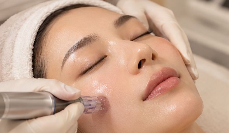 Close-up of a professional traditional microneedling facial treatment
